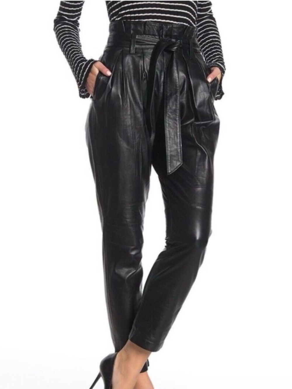 Joie Black Lamb Leather Paperbag Waist Straight-Leg Pants